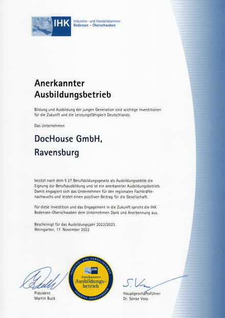DocHouse – anerkannter Ausbildungsbetrieb